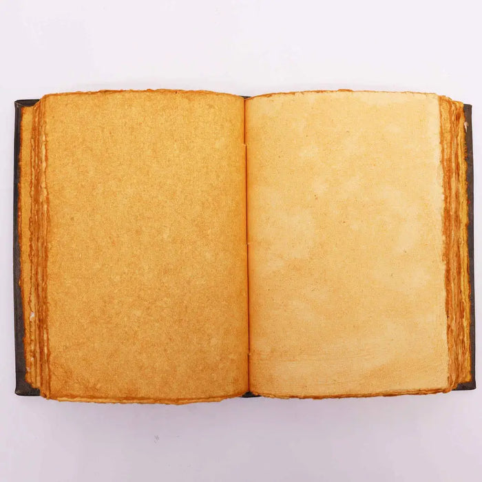An open leather notebook with aged yellowed pages and dark binding featuring a triple moon design