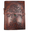 Brown leather notebook with embossed tree of life design and green gemstone on leather cover wrap 7x5 inches