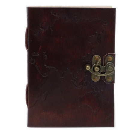 Dark brown leather notebook with embossed world map design and brass latch measuring 7 by 5 inches
