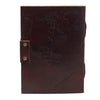 Dark brown leather notebook with embossed world map design and brass rivets measuring 7 by 5 inches