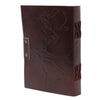 Dark brown leather notebook with embossed world map design and copper metal clasp sized 7 by 5 inches