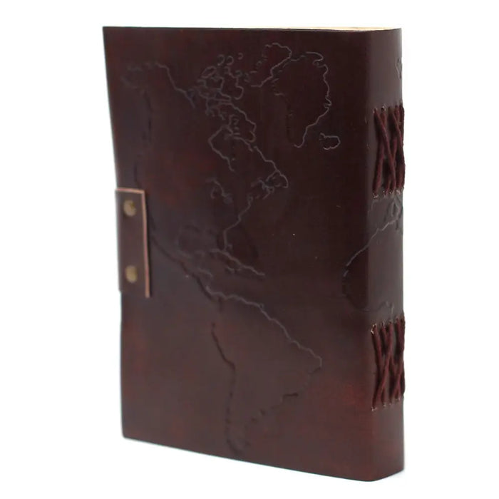 Dark brown leather notebook with embossed world map design and copper metal clasp sized 7 by 5 inches