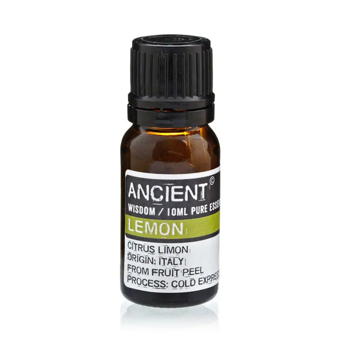 A small amber glass bottle of ancient wisdom lemon essential oil with a black cap and label highlighting fruit peel cold expression