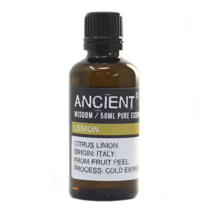 A 50ml amber glass bottle of cold expression lemon essential oil from italy with allergen declarations on black label