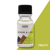 A clear glass bottle with a black cap and white label of ancient wisdom lemon and lime fragrance oil 10ml with allergen declarations