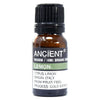 A small amber glass bottle with a black cap labeled ancient wisdom lemon organic essential oil 10ml allergen declarations