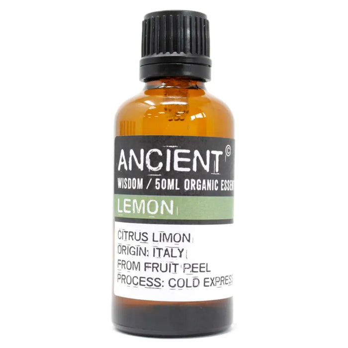 A small amber glass bottle with black cap containing 50ml lemon organic essential oil made from fruit peel cold expression