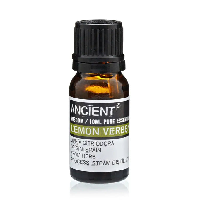 A small amber glass bottle with black cap labeled ancient wisdom lemon verbena 10ml pure lemon verbena essential oil