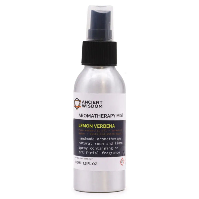 Silver aluminum spray bottle with black pump labeled ancient wisdom aromatherapy mist lemon verbena essential oil