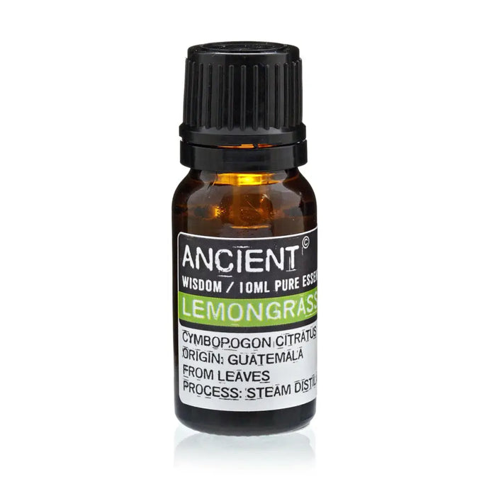 A small amber glass bottle with black ribbed cap labeled ancient wisdom lemongrass essential oil cymbopogon citratus steam distillation