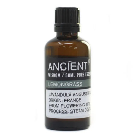 A 50ml amber glass bottle of cymbopogon citratus lemongrass essential oil with black ribbed cap and allergen declarations label