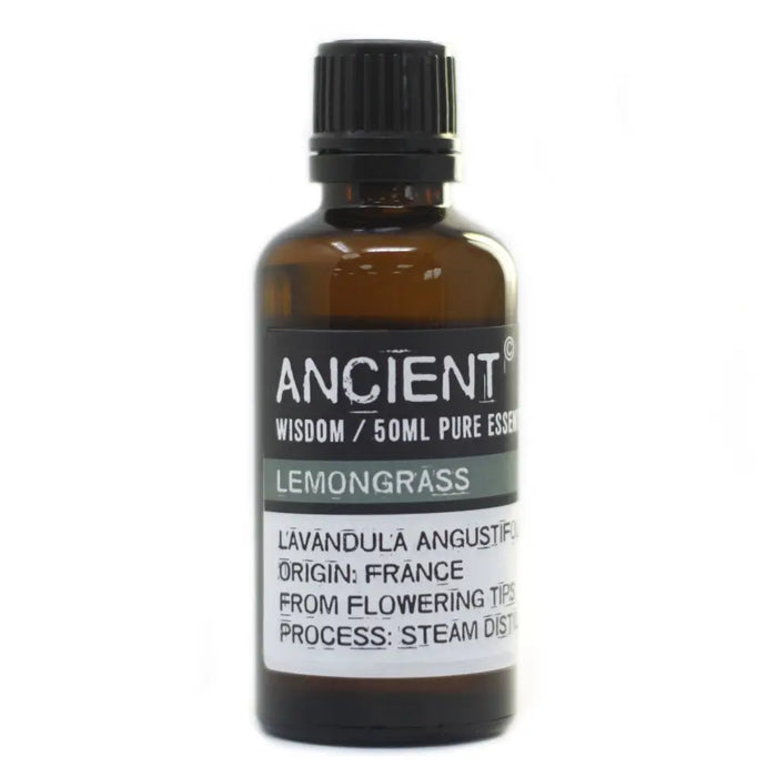 A 50ml amber glass bottle of cymbopogon citratus lemongrass essential oil with black ribbed cap and allergen declarations label