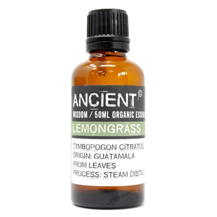 Amber glass bottle with black ribbed cap labeled ancient wisdom 50ml organic lemongrass essential oil cymbopogon citratus steam distillation