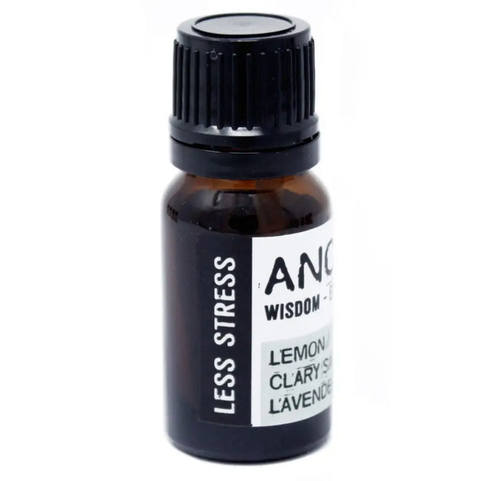 A small amber glass essential oil blend bottle with a black cap and white label reading less stress vertically
