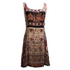 A sleeveless light cotton indian dress with earthy brown beige and black traditional indian print patterns