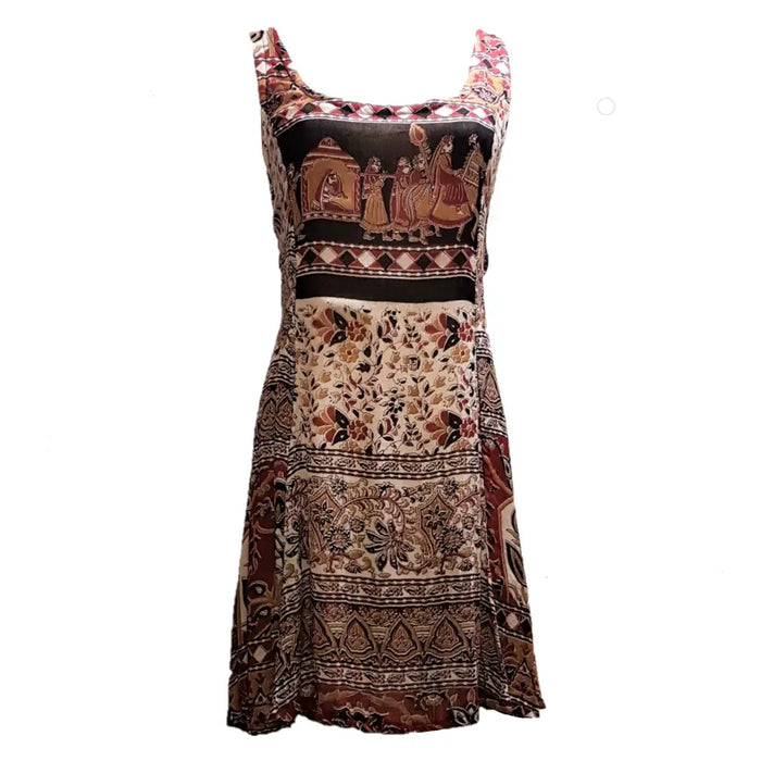 A sleeveless light cotton indian dress with earthy brown beige and black traditional indian print patterns
