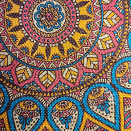 Lightly padded mandala print cushion cover in yellow pink blue and cream tones for standard cushion use