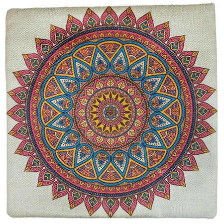 Lightly padded mandala print cushion cover with vibrant multi-layered design on textured beige linen fabric for standard cushions