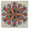 Vibrant symmetrical peacock mandala print on light beige linen fabric standard cushion cover with light padding
