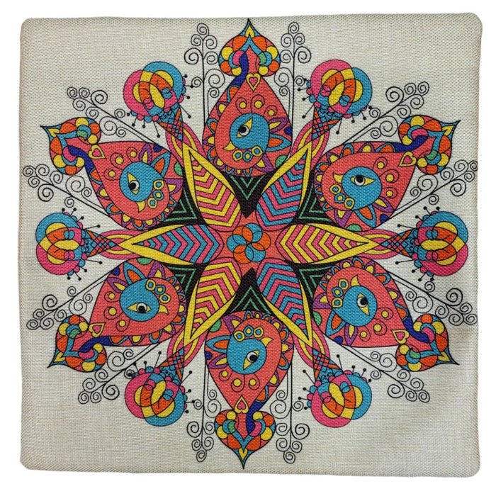 Vibrant symmetrical peacock mandala print on light beige linen fabric standard cushion cover with light padding