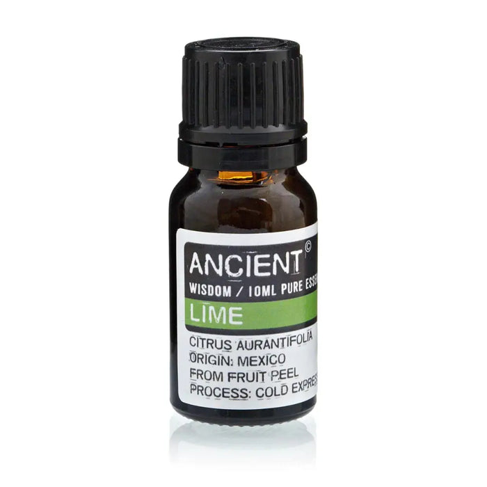 A small amber glass bottle with black cap labeled ancient wisdom lime lime essential oil steam distilled from citrus aurantifolia