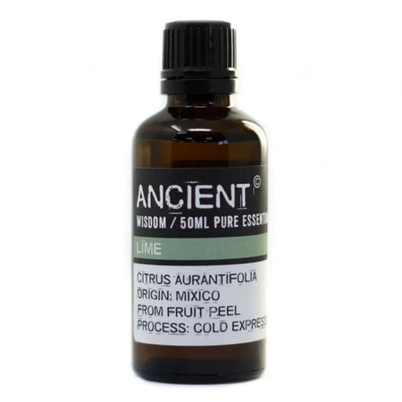 A dark amber glass bottle of lime essential oil 50ml with allergen declarations and steam distillation details