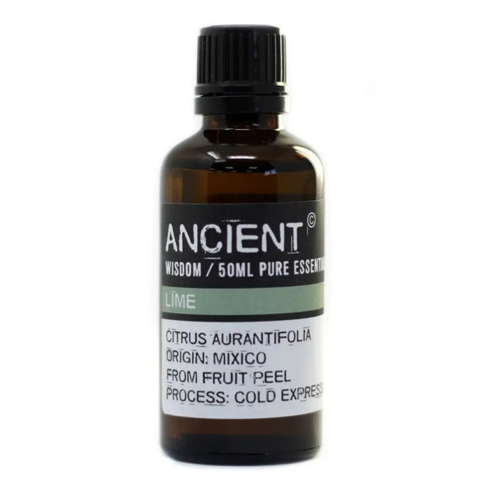 A dark amber glass bottle of lime essential oil 50ml with allergen declarations and steam distillation details