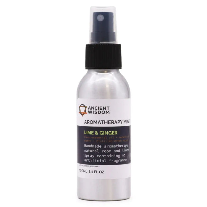 Silver aluminum spray bottle with black cap labeled ancient wisdom aromatherapy mist lime and ginger with witch hazel