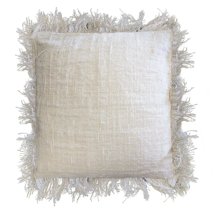 Off-white linen cushion cover 60cm x 60cm with textured weave and long frayed fringe on all sides