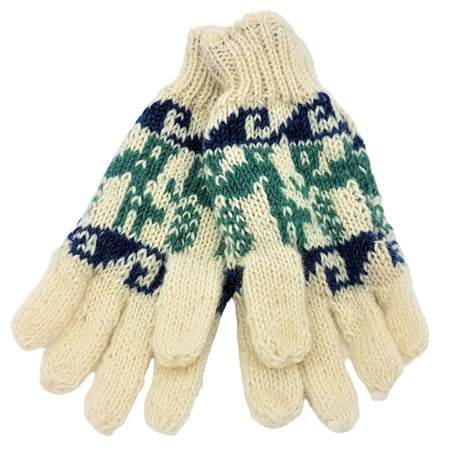 Cream-colored llama wool finger gloves with a green and navy blue geometric pattern and part-lined full fingers