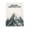 An off-white lokta paper notebook with a black and gray mountain range and every peak starts with a plan text