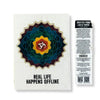 A white lokta paper notebook with a colorful mandala and om symbol, titled real life happens offline 8 by 6 inches