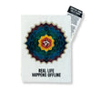 A white lokta paper notebook with a colorful mandala and om symbol, titled real life happens offline 8 by 6 inches