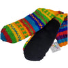 Long 100% wool slipper socks in rainbow stripes with black fleece lining and colorful gringo brand tag visible