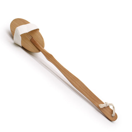 Long-handled body brush with light brown wooden head white fabric strap and knotted rope handle for easy use