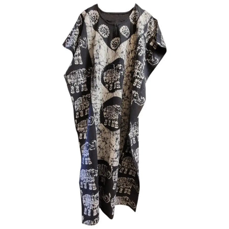 Long kaftan style batik print dress in black and white tie-dye elephant pattern made of free size lightweight fabric