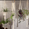 Long macrame pot holder with white rattan hoop featuring intricate knotting and tassels holding green plants
