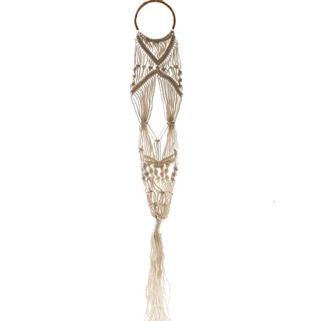 Beige long macrame pot holder with rattan hoop top and tassel bottom made of woven cotton for hanging plants