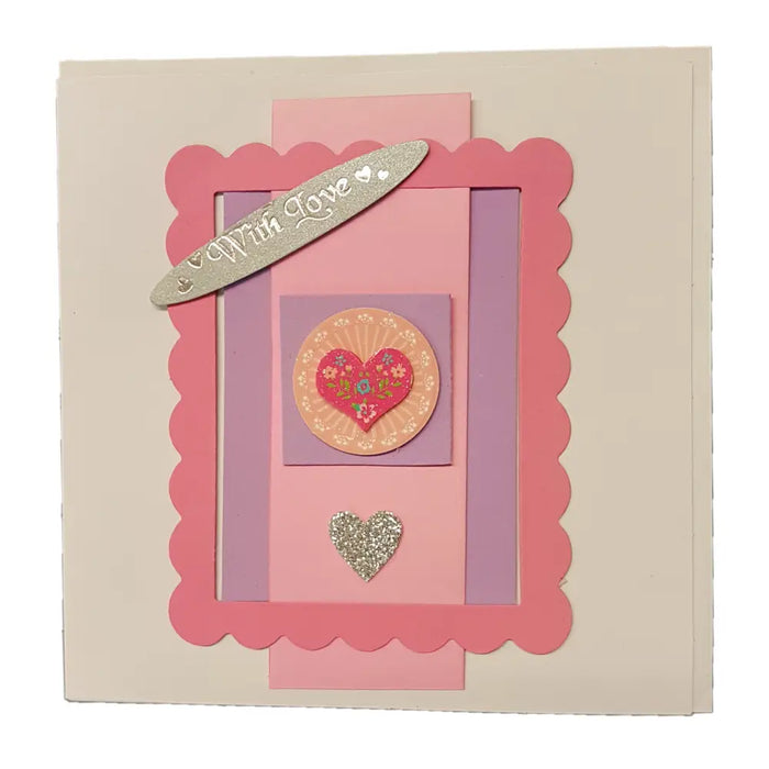 A pink and lavender layered love themed greeting card with glittery silver banner and floral heart from milford haven