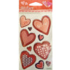 A package of pink and red heart-shaped stickers with polka dots and stitched patterns for love-themed gifts