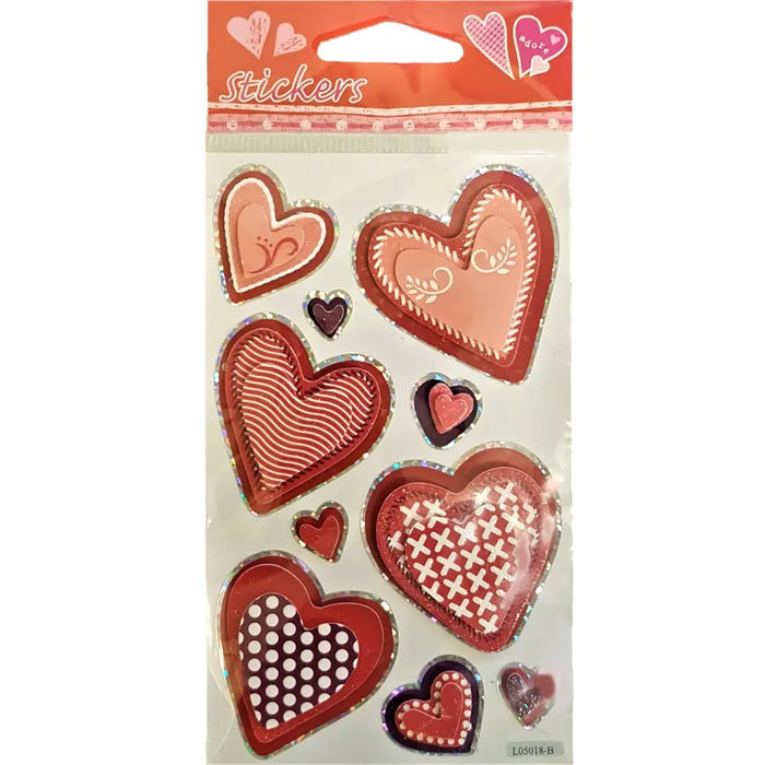 A package of pink and red heart-shaped stickers with polka dots and stitched patterns for love-themed gifts