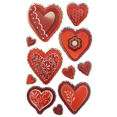 Red glittery heart shaped stickers with decorative patterns and holographic edges for love themed gifts