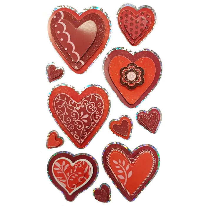Red glittery heart shaped stickers with decorative patterns and holographic edges for love themed gifts