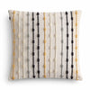 A square off-white cushion cover with vertical textured yarn stripes in black mustard yellow and gray hippie knot design