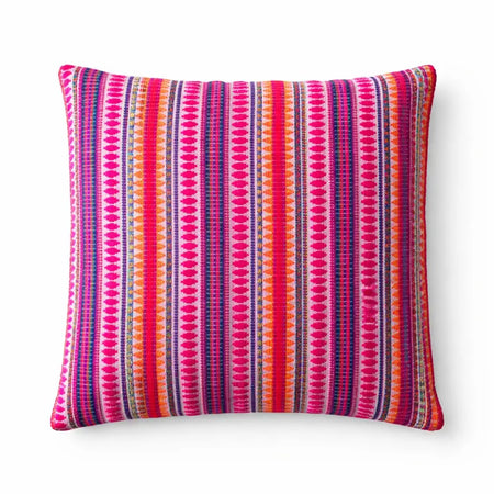 Vibrant neon stripes cushion cover with bold pink orange purple vertical bands and woven texture for classic comfort
