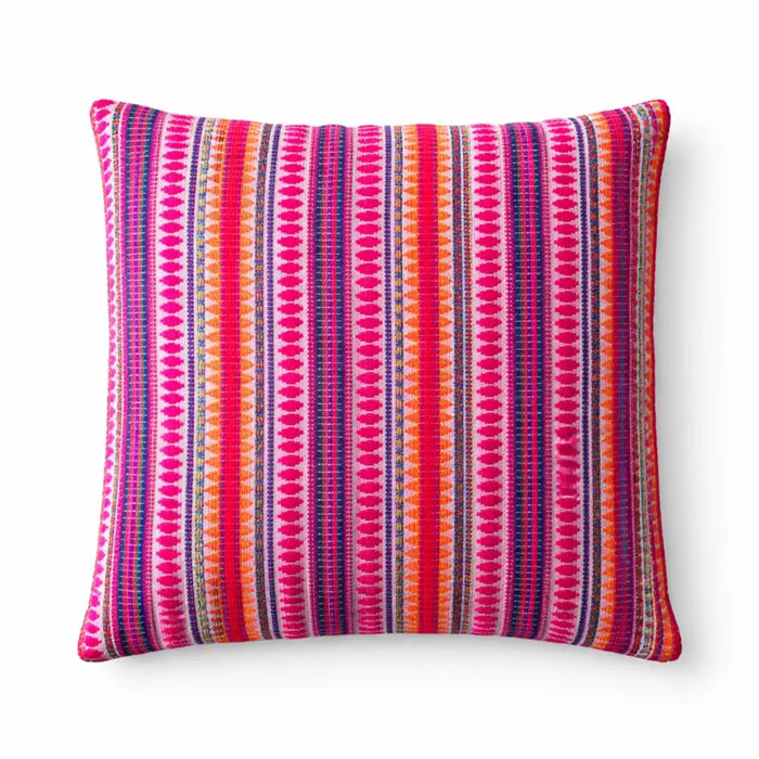 Vibrant neon stripes cushion cover with bold pink orange purple vertical bands and woven texture for classic comfort