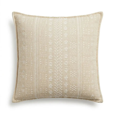 Beige square cushion cover with subtle white embroidered vertical patterns in soft stone fabric