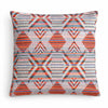 A square throw pillow with a vibrant geometric pattern in orange red blue gray and white cushion cover urban tribal