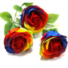 Luxury single soap flower featuring vibrant rainbow-colored artificial petals with green leaves and layered design