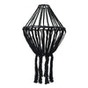 Black cotton macrame chandelier with large drop design braided cotton rope and tassels hanging indoors